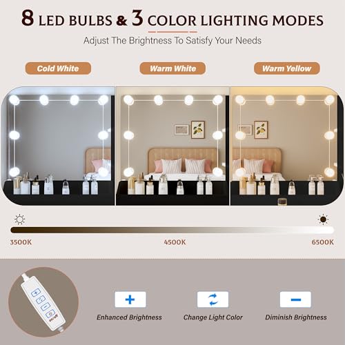 White Vanity Desk with Mirror and Lights Dimmable LED Makeup Table with Drawers Side Cabinet 3 Storage Shelves Power Outlet Dressing Table Set Include Holder Cushioned Stool G489