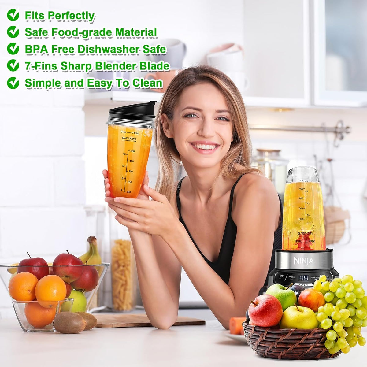 2 24oz Blender Cups with To-Go Lids and 7-Fins Extractor Blade J4606