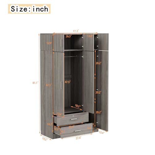 6-Door Wooden Armoire Wardrobe Closet with Mirror, 2 Drawers, 1 Hanging Rod V78798