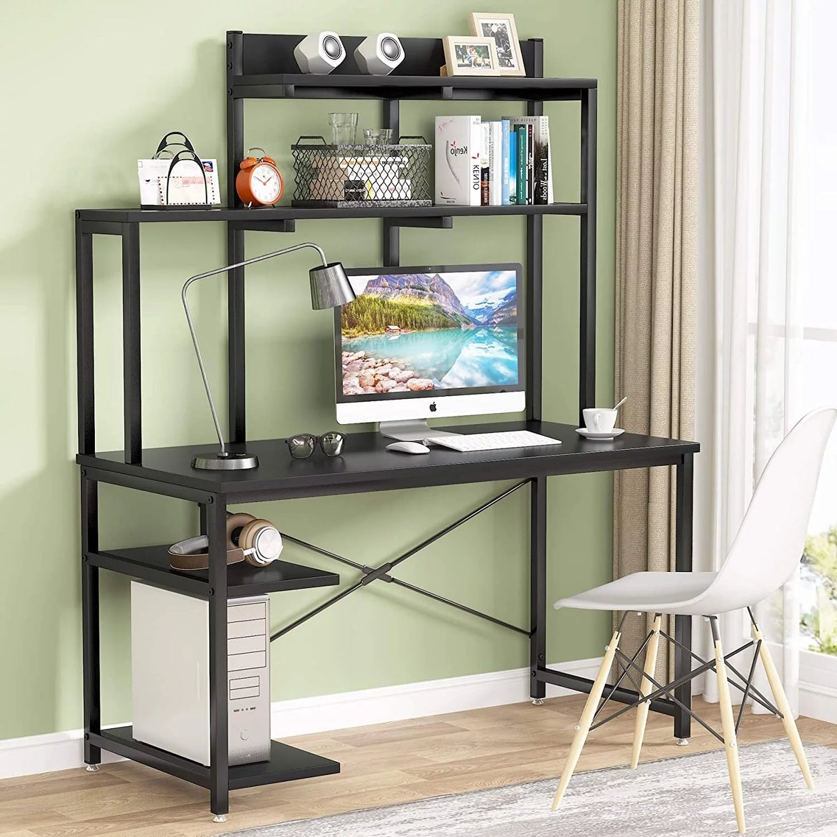Black Medium Computer Desk with Storage Hutch Shelf L205559