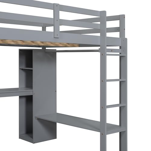 White Full Size Wood Loft Bed with Desk and Wardrobe J817