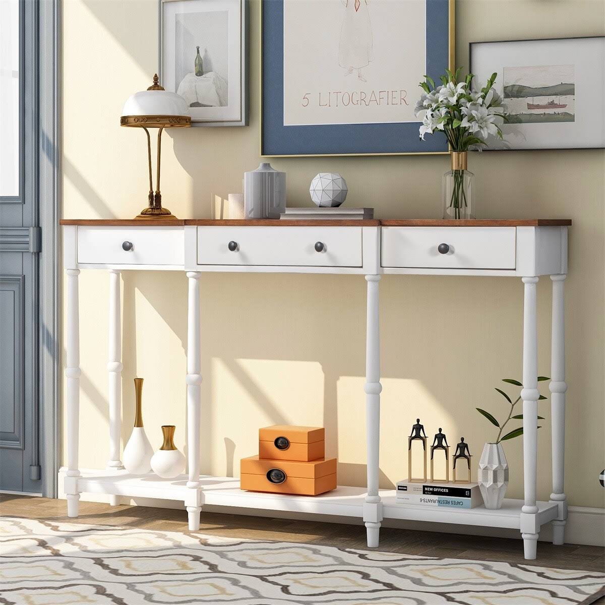 Antique Green Solid Wood Console Table with Storage Shelf and Drawer E9122