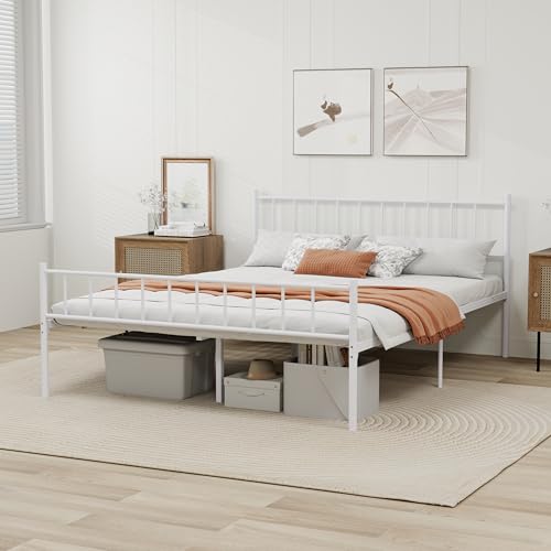 White Metal Platform Full Bed Frame with Headboard I245