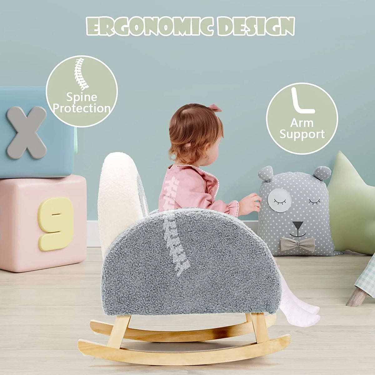 Grey Toddler Rocking Chair with Solid Wooden Frame A64360
