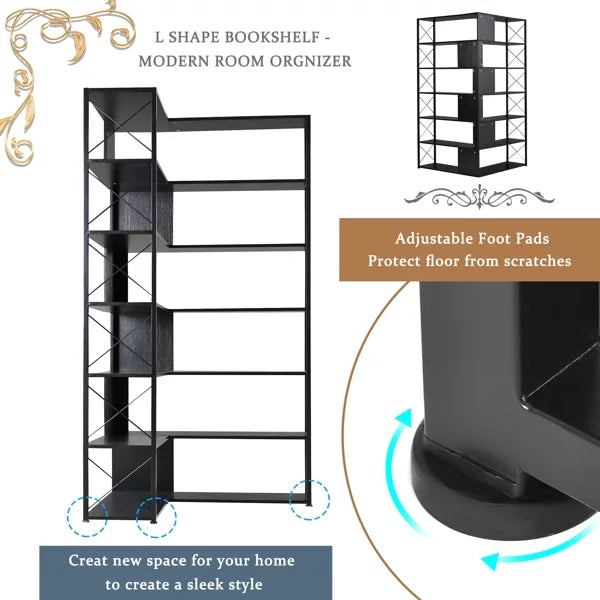 7-Tier L-Shaped Corner Bookcase with Metal Frame D3159