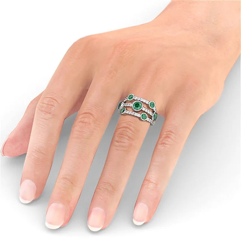 14K White Gold Emerald Diamond Engagement Eternity Band Size 6.5 P53245