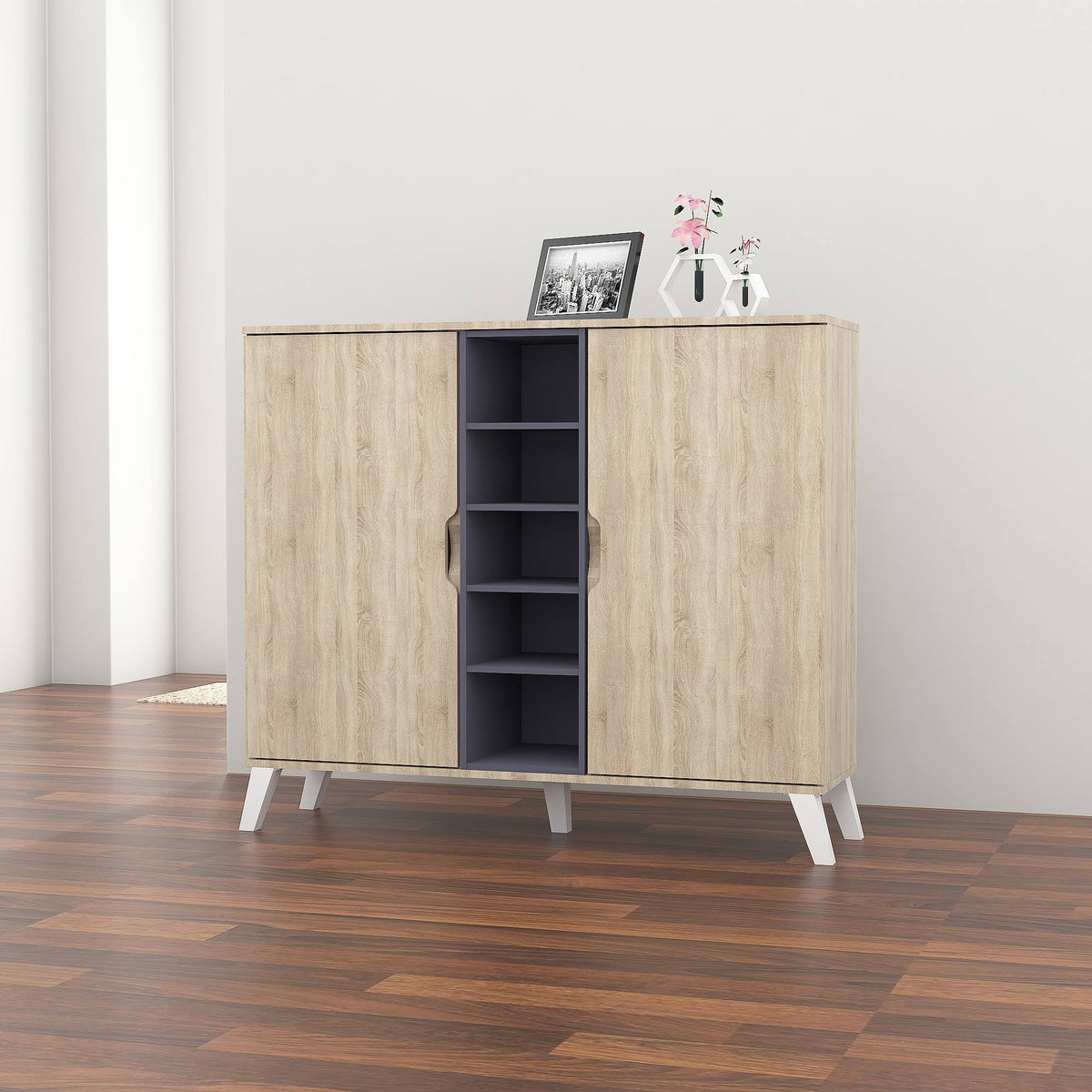 Oak and Grey Wood Storage Cabinet M7184