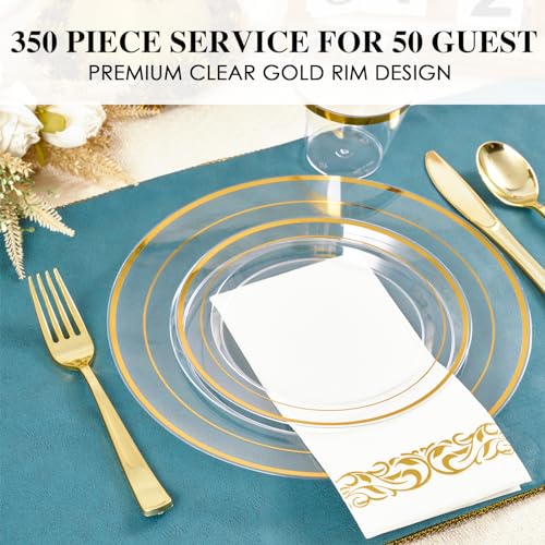 Clear 350 Count Plastic Dinnerware Set with Gold Rim Y36159