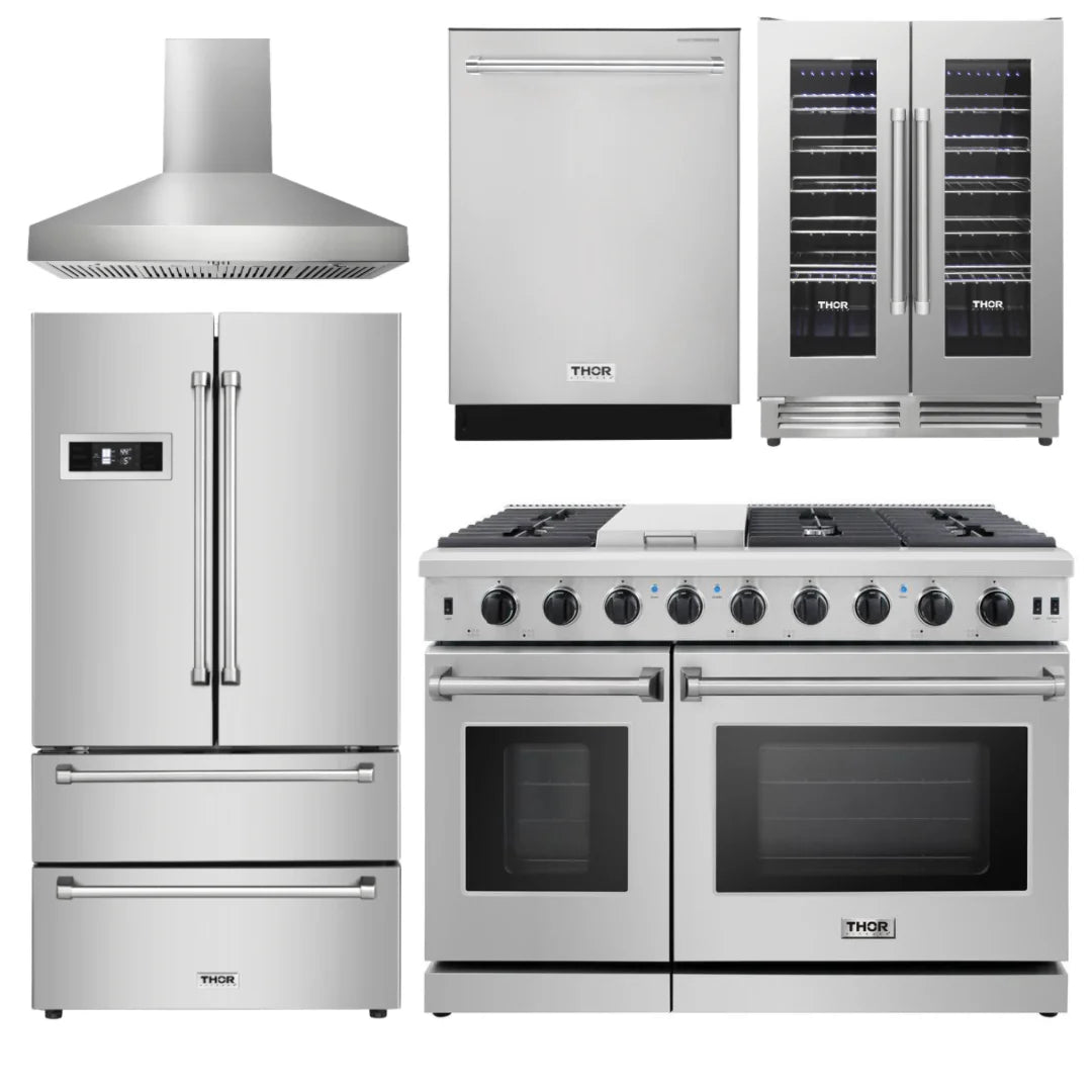 48 In. Gas Range, Range Hood, Refrigerator, Dishwasher, Wine Cooler B58170