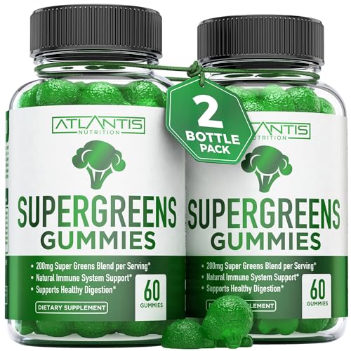 2-Pack Supergreens Gummies Supplement with Spinach, Broccoli, Moringa, Beet Root, Celery, Green Tea & Acai, Raspberry Flavor, 120 Gummies J280