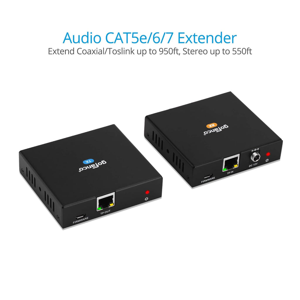Coaxial/Toslink/RCA Stereo Audio Extender Over CAT5e/6 Ethernet Cable, 950ft (290m) Extension, Embedded DAC & ADC, PoC, Up to 7.1-Channel, Supports Dolby, DTS, PCM, Stereo L469993