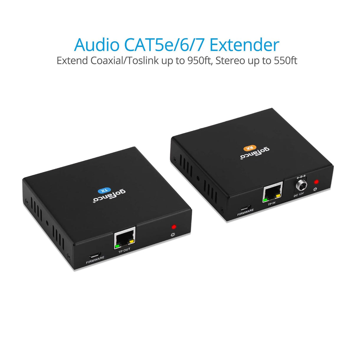 Coaxial/Toslink/RCA Stereo Audio Extender Over CAT5e/6 Ethernet Cable, 950ft (290m) Extension, Embedded DAC & ADC, PoC, Up to 7.1-Channel, Supports Dolby, DTS, PCM, Stereo L469993