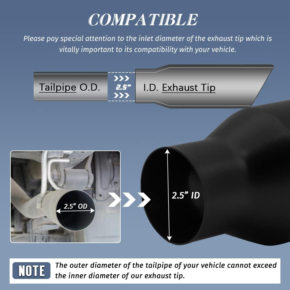 2PCS 2.5 Inch Inlet Black Exhaust Tips Stainless Steel Pack of 2 S100