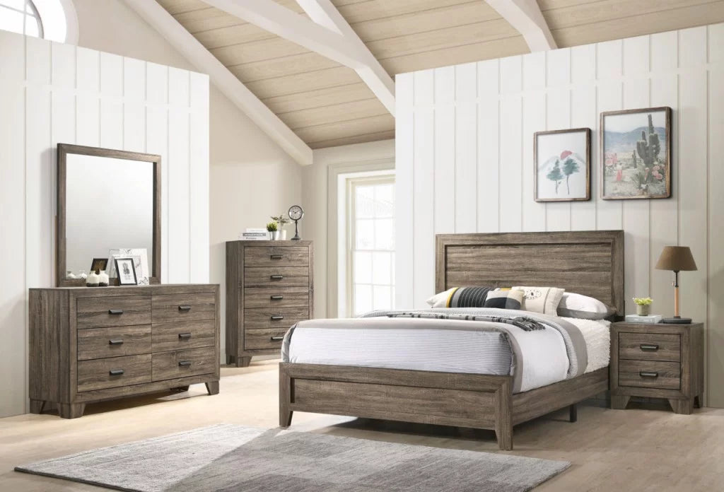 6Pc Queen Size Panel Bed Dresser Mirror Nightstand Chest Set Wooden Gray W456892