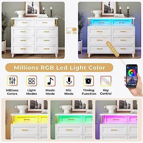 White 8 Drawer Led Dresser N7120
