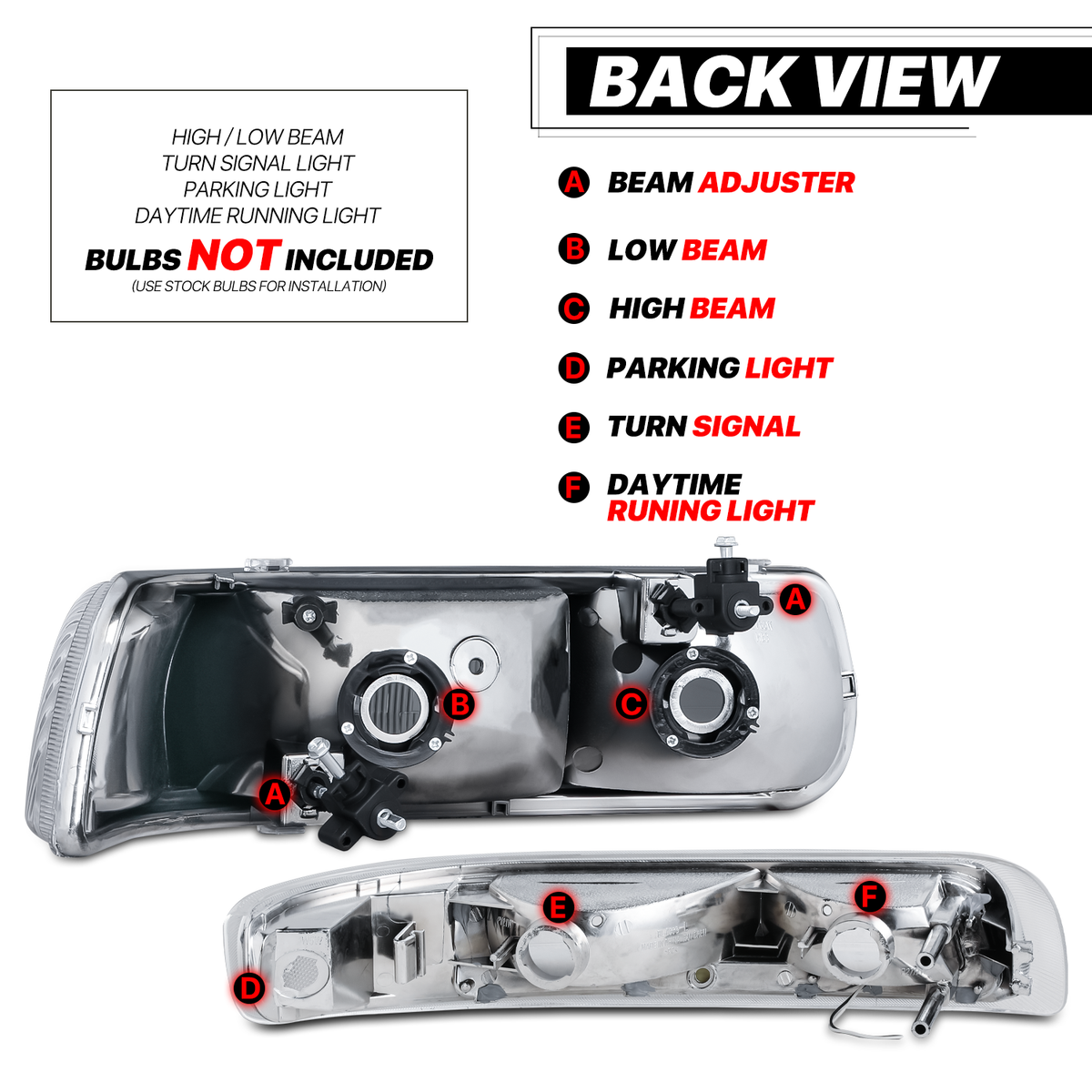 Headlights Assembly with LED Tube DRL for Chevy Silverado Suburban Tahoe Truck U36754