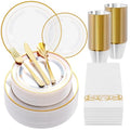 Clear 350 Count Plastic Dinnerware Set with Gold Rim Y36159