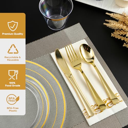 Clear 350 Count Plastic Dinnerware Set with Gold Rim Y36159