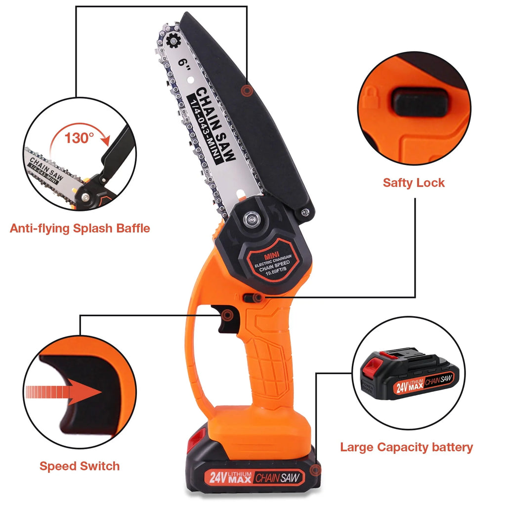 6 Mini Chainsaw Cordless Handheld Chain Saw with 2 Batteries 2 Chains T9911