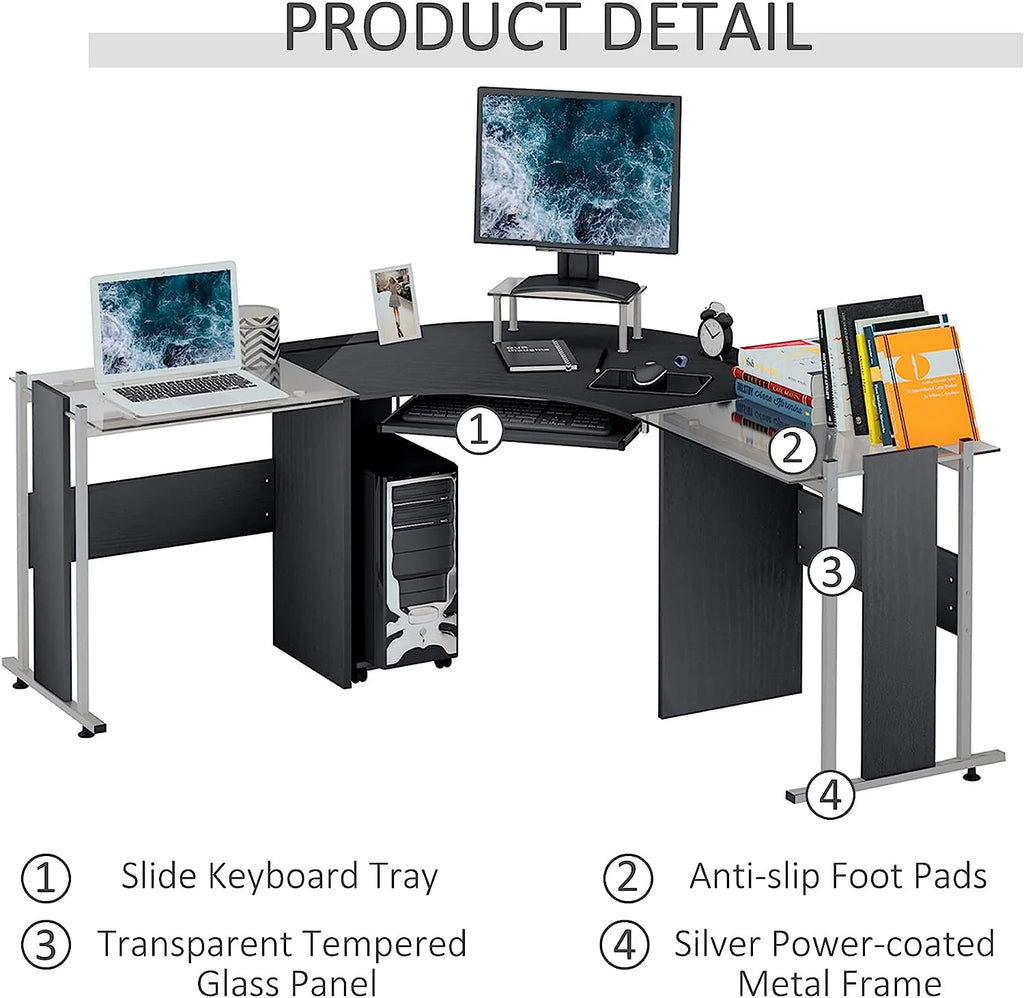 69" L-Shaped Tempered Glass Computer Desk with Monitor Stand S74969