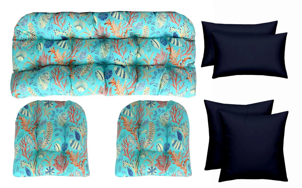 Blue Ocean Life Coral Reef Print Fabric and Solid Navy Throw Pillows X923915