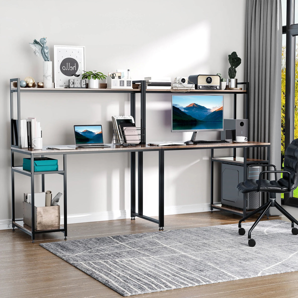 94.5in Industrial Double Computer Desk with Hutch and Storage Shelves P9484