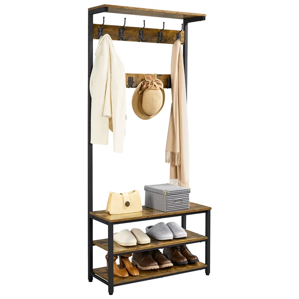 Industrial Entryway Hall Tree with Bench and Shoe Storage T3158