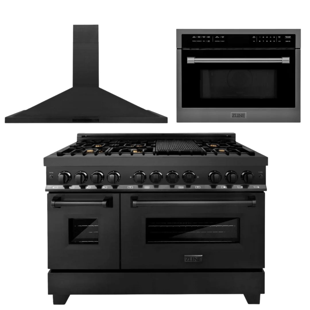 48 In. Dual Fuel Range, Microwave Oven, Range Hood in Black Stainless Steel E753491