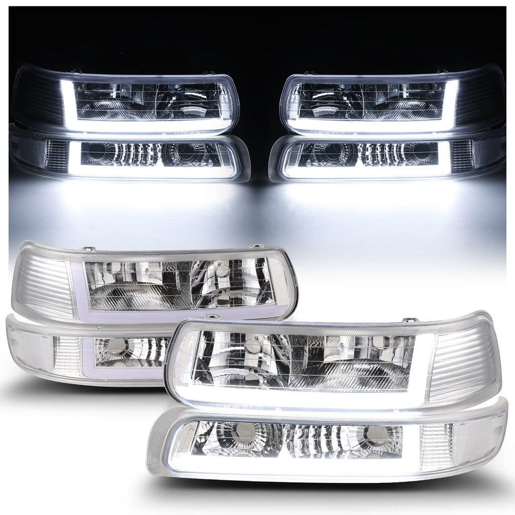 Headlights Assembly with LED Tube DRL for Chevy Silverado Suburban Tahoe Truck U36754
