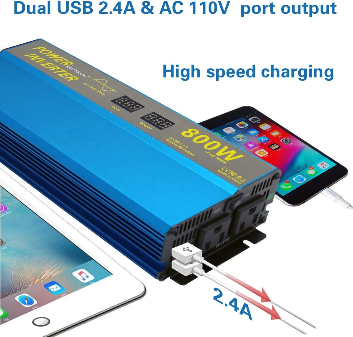 800W Pure Sine Wave Power Inverter DC 12V to 110V AC with 2.4A Dual USB LCD Digital Display T637962