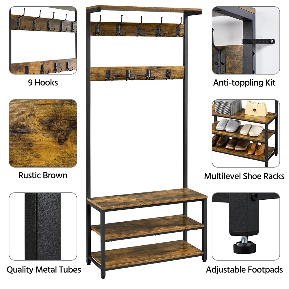 Industrial Entryway Hall Tree with Bench and Shoe Storage T3158
