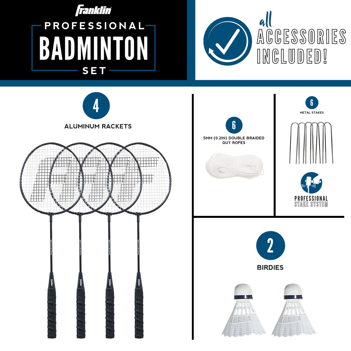 Badminton Net Family Set with 4 Steel Rackets and 2 Birdies A7168