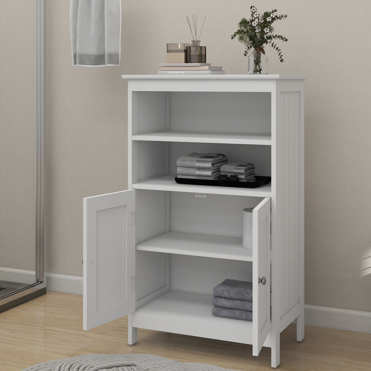 White 2 Door 2 Shelf Wood Bathroom Floor Cabinet M908