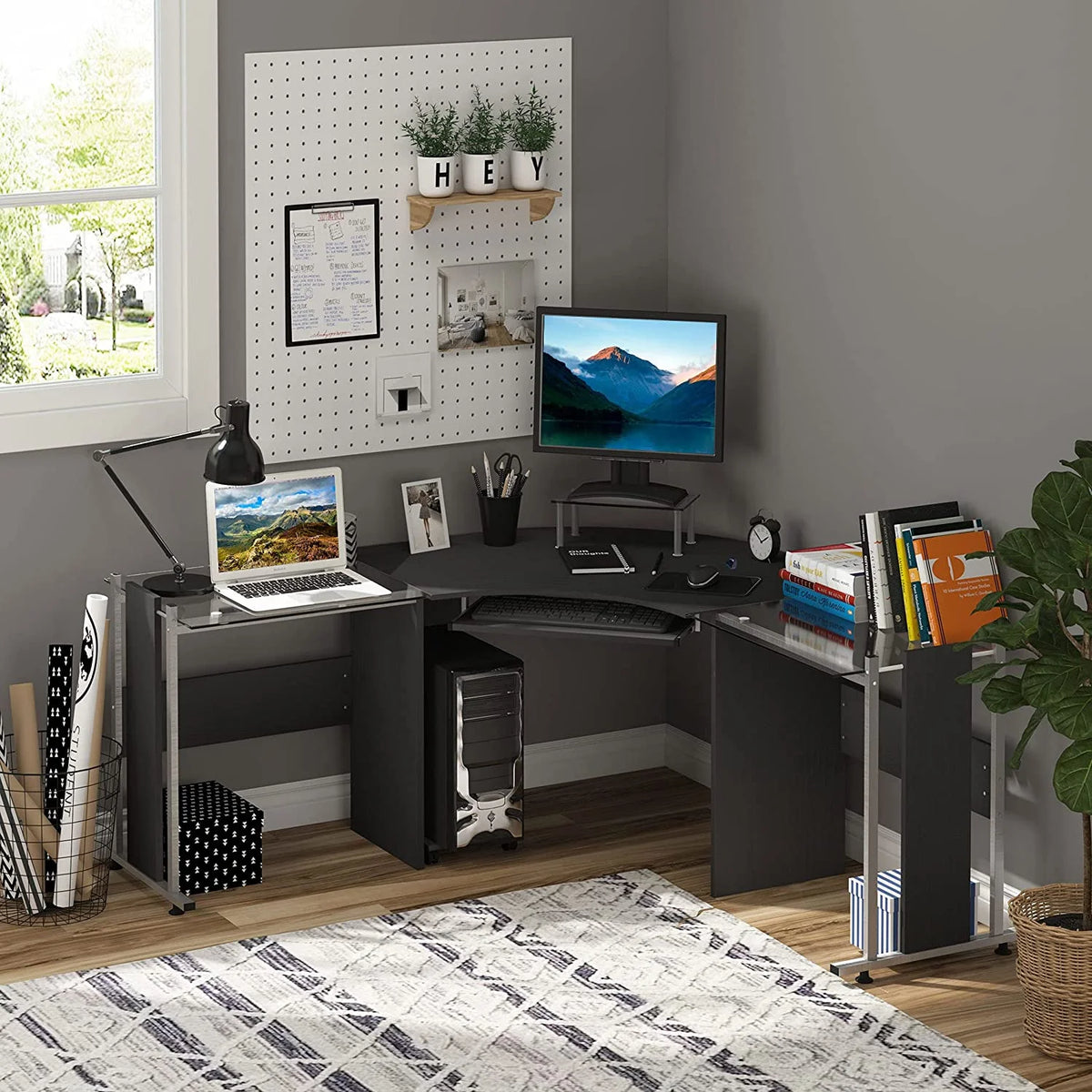 69" L-Shaped Tempered Glass Computer Desk with Monitor Stand S74969