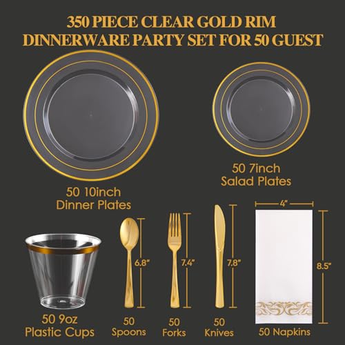 Clear 350 Count Plastic Dinnerware Set with Gold Rim Y36159