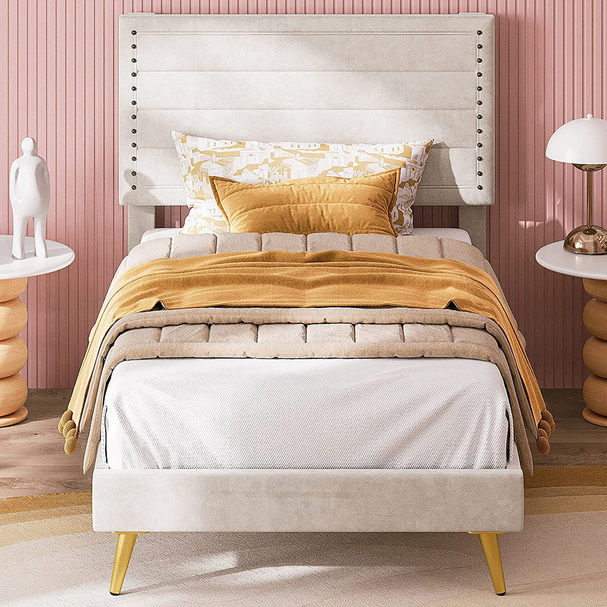 Beige Upholstered Wood Twin Bed Frame L855