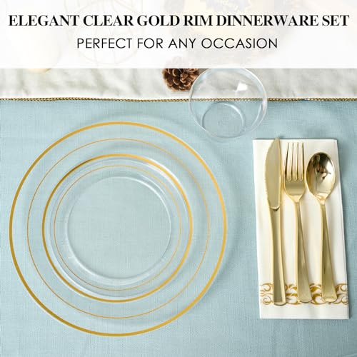 Clear 350 Count Plastic Dinnerware Set with Gold Rim Y36159