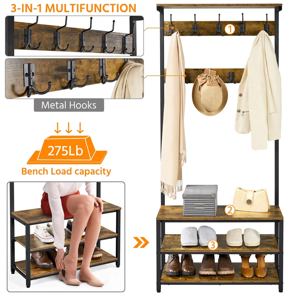 Industrial Entryway Hall Tree with Bench and Shoe Storage T3158