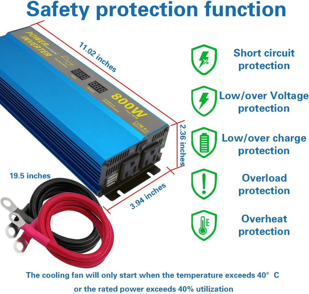 800W Pure Sine Wave Power Inverter DC 12V to 110V AC with 2.4A Dual USB LCD Digital Display T637962