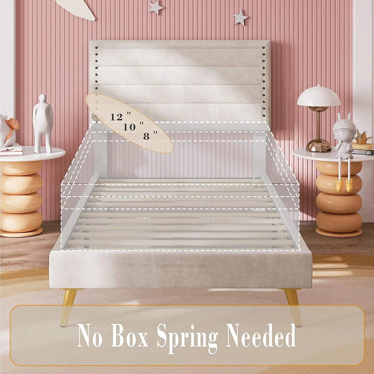 Beige Upholstered Wood Twin Bed Frame L855