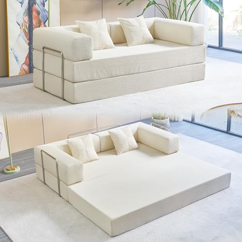 Foldable Sofa Bed, 81'' Folding Floor Couch, Compressed Convertable Sleeper Sofa, Memory Foam Couch with Pillow Back Support Armrest, 4-in-1 Futon Sofa Bed for Living Room, Black G228