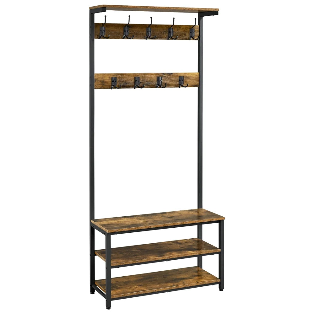 Industrial Entryway Hall Tree with Bench and Shoe Storage T3158