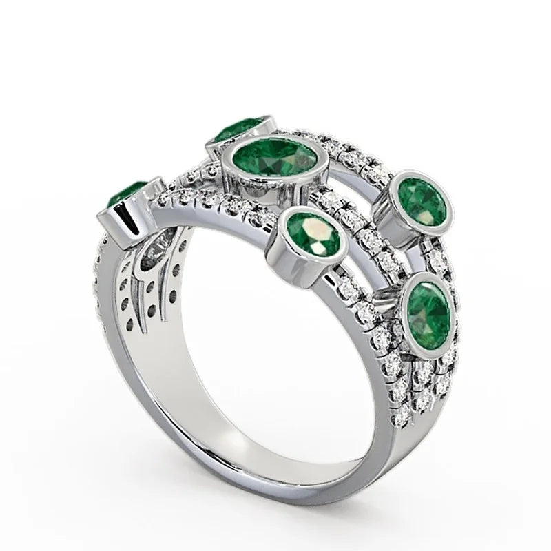 14K White Gold Emerald Diamond Engagement Eternity Band Size 6.5 P53245