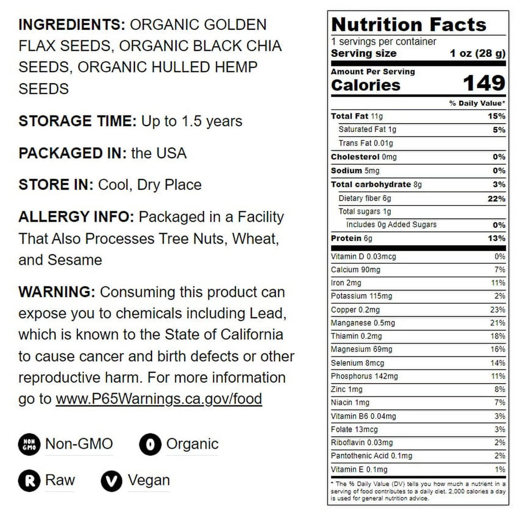 Organic Chia Flax and Hemp Seeds Mix 5 Pounds Non-GMO K151