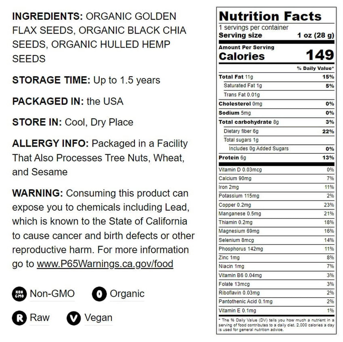 Organic Chia Flax and Hemp Seeds Mix 5 Pounds Non-GMO K151