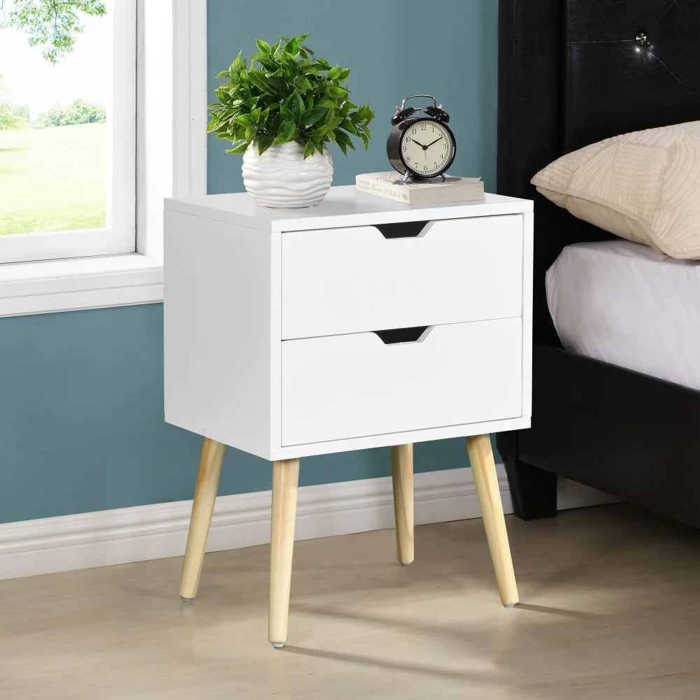 White 2 Drawer Side Table with Rubber Wood Legs E38810